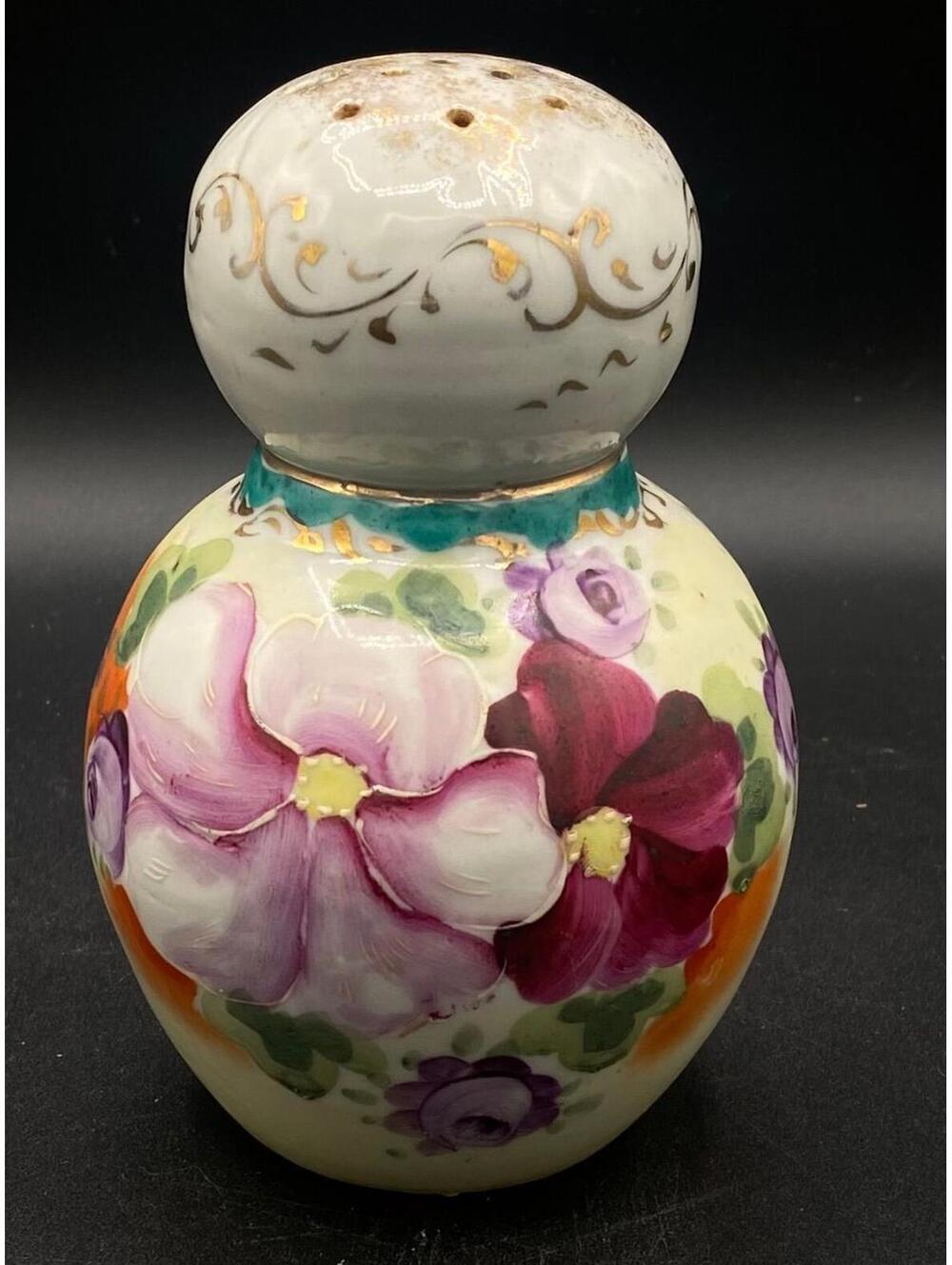 Vintage Hand Painted Porcelain Muffineer Sugar Shaker Floral Gold Detail 5”